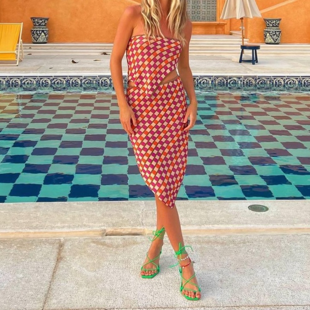 Gimaguas Checkered Skirt Set Orange and Pink